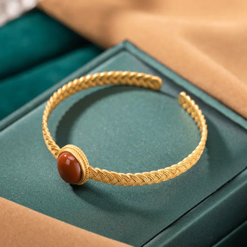 Original S925 Creative Gold Plated Southern Red Agate Open-Ended Bracelet Woven Fashion Slim/Thin Goddess Matching Personalized