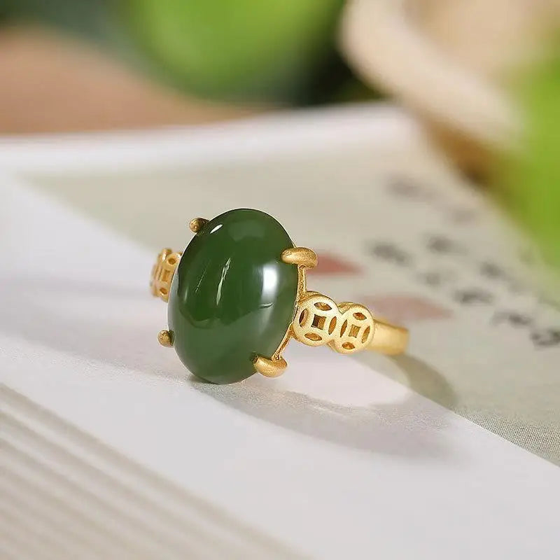 Original S925 Sterling Silver Gold-Plated Inlaid Natural Jasper Personalized Natural Jade Coin for Women Opening Ring Ring