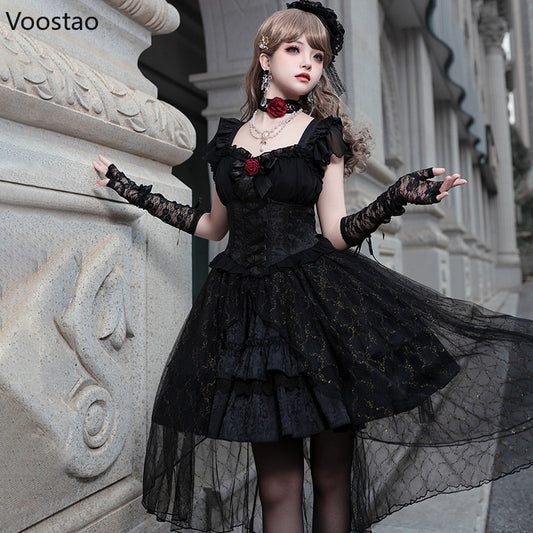 Vintage Gothic Lolita Dress Victorian Harajuku Girls Dark Rose Mesh Dress Cosplay Women Kawaii Ruffles Irregular Party Dresses