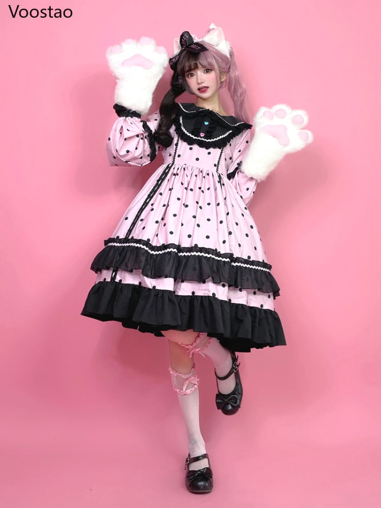 Sweet Lolita Style Wave Point Print Long Sleeve Party Dresses