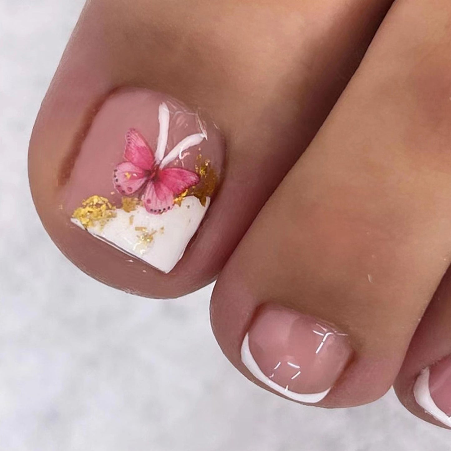 Pink Butterfly Fake Toenails With Designs Press On Nail Tips Classic White French False Toenails For Girls Decoration Nails Art