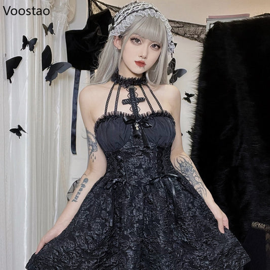 Victorian Gothic Lolita Dress Women Elegant Halter Collar Lace Floral Sleeveless Party Dresses Female Sexy Bandage Y2k Dress