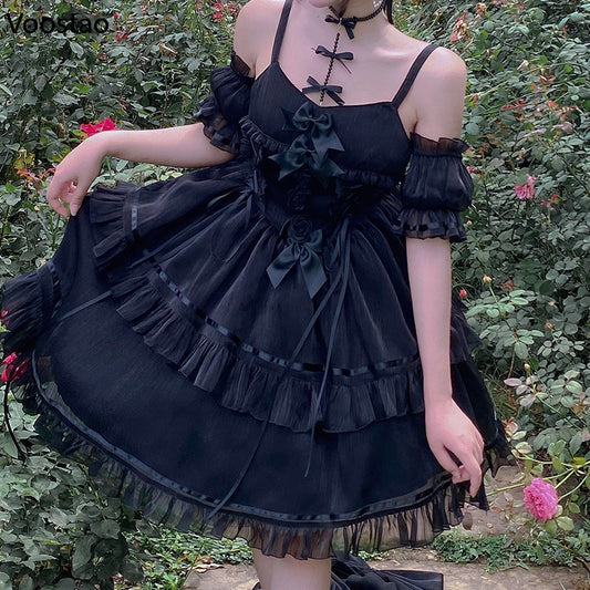 Gothic Lolita Black Dress Women Harajuku Bow