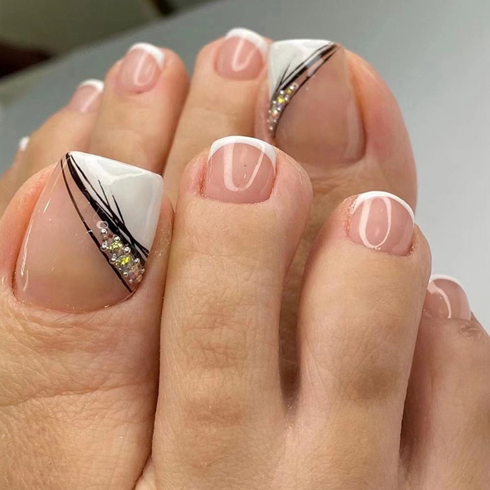 Black Lines False Toenails For Girl Diamond Nail Sticker Fake Nail Tips Press On French Toenails Full Cover False Nails For Foot