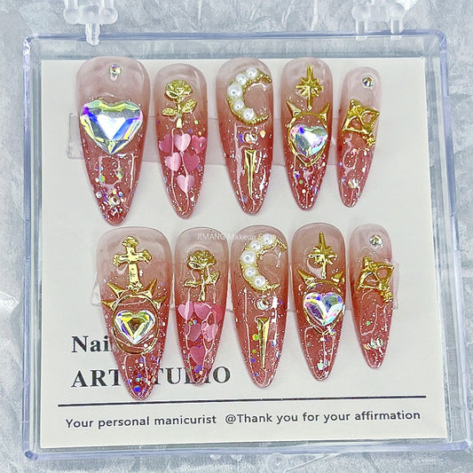 Handmade Pink Glitter Fake Nail With Glue Press On Nails Y2K Coffin Stiletto  Acrylic False Nails Tips Reusable Custom Manicure