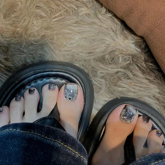 Wearable False Toe Nails Aurora Fake Foot Nails Black Cat&#39;s Eye Artificial Nails Set Press on Glitter Rhinestones Feet Nail Tips
