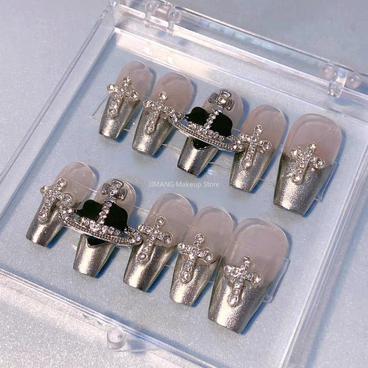 Handmade Silver French Style Short Coffin False Nails Tips Glittery Saturn Press On Nails Y2K Reusable Fake Nail With Glue Gift