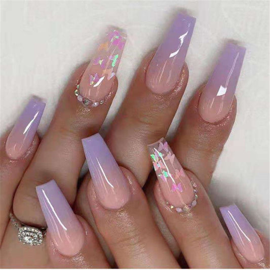 Purple Pink Ombre Rhinestone Fake Nails Coffin Ballerina Ladies Fingernails Natural Long French Gradient Press On False Nails