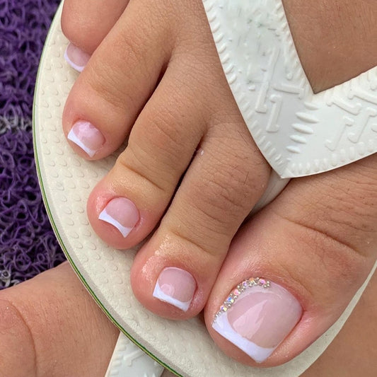 24pcs Classic White French False Toe Nails Rhinestones Nude Color Fake Foot Nails Press On Square Nails Diamond Feet Nail Tips