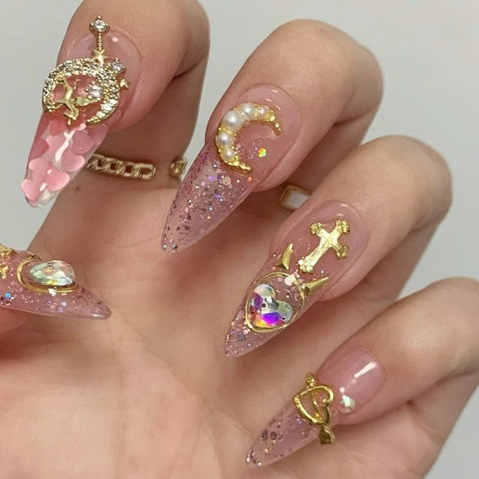 Handmade Y2K Pink Glittery Fake Nail With Glue Reusable Almond Coffin False Nails Tips Rhinestone Press On Nails  DIY Manicure