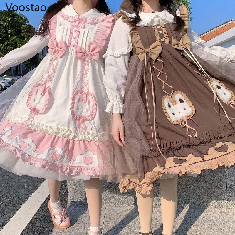 Sweet Lolita Jsk Dress Women Cute Cartoon Rabbit Ruffles