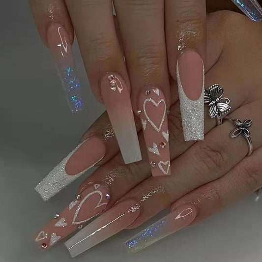 24Pcs Pink Long Ballet False Nails Glitter Heart with Rhinestone French Design Wearable Fake Nails Press on Nails Tips Art