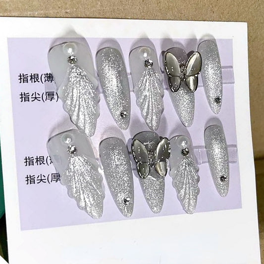 Butterfly Press On Nails Conch Design Fake Nail With Glue Glitter Rhinestone Handmade Long Stiletto Reusable False Nails Tips