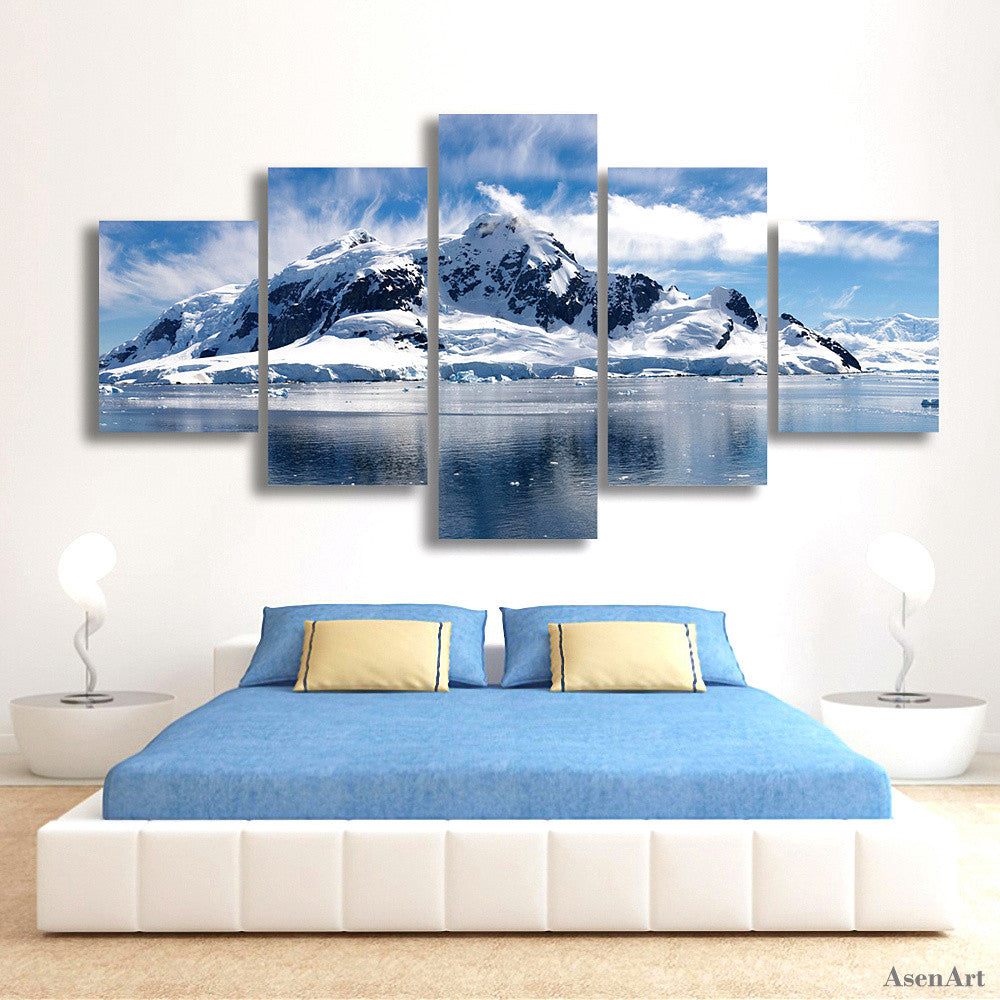 5 Panels Snow Mountain Landscape Painting Canvas Printing Modern Home Wall Decor Picture for Living Room Unframed