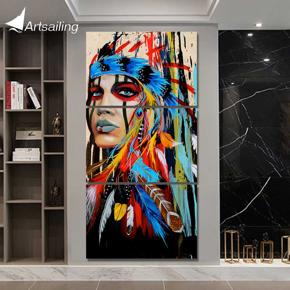 HD printed 3 piece canvas art Painting tribe feather warrior decoration pictures for living room American art Poster NY-5786