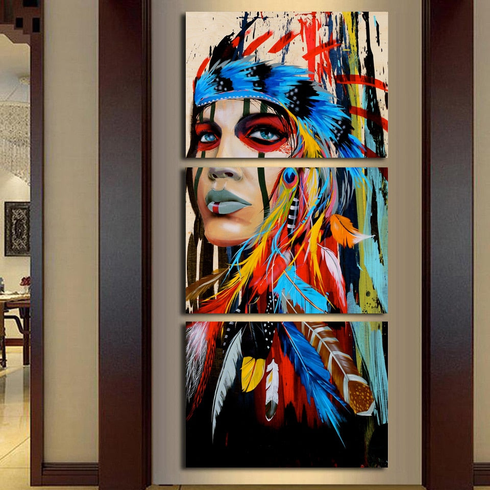HD printed 3 piece canvas art Painting tribe feather warrior decoration pictures for living room American art Poster NY-5786