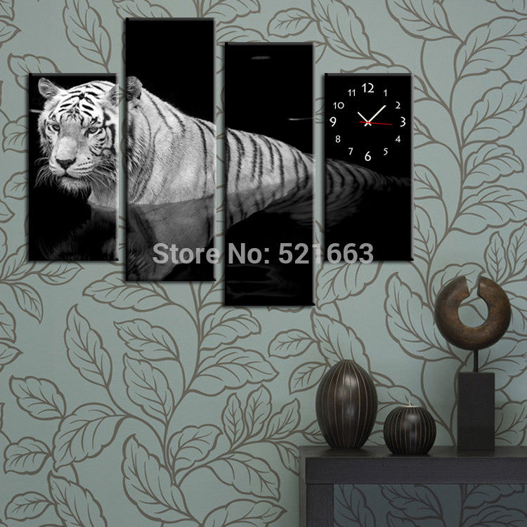Free Shipping E-HOME Tiger Clock in Canvas 4pcs wall clock
