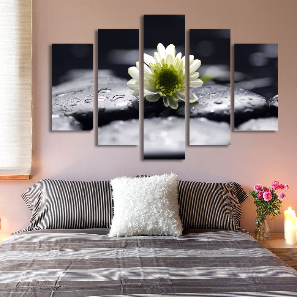 5 Panel Stone White Flower Painting Modern Wall Art Canvas Printed Painting Decorative Picture for Bedroom No Frame