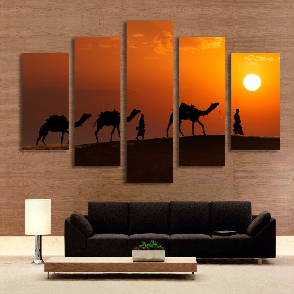 5 Panel Walking on Desert Sunset Landscape Painting Wall Art Canvas Prints Wall Picture Art for living Room No Frame