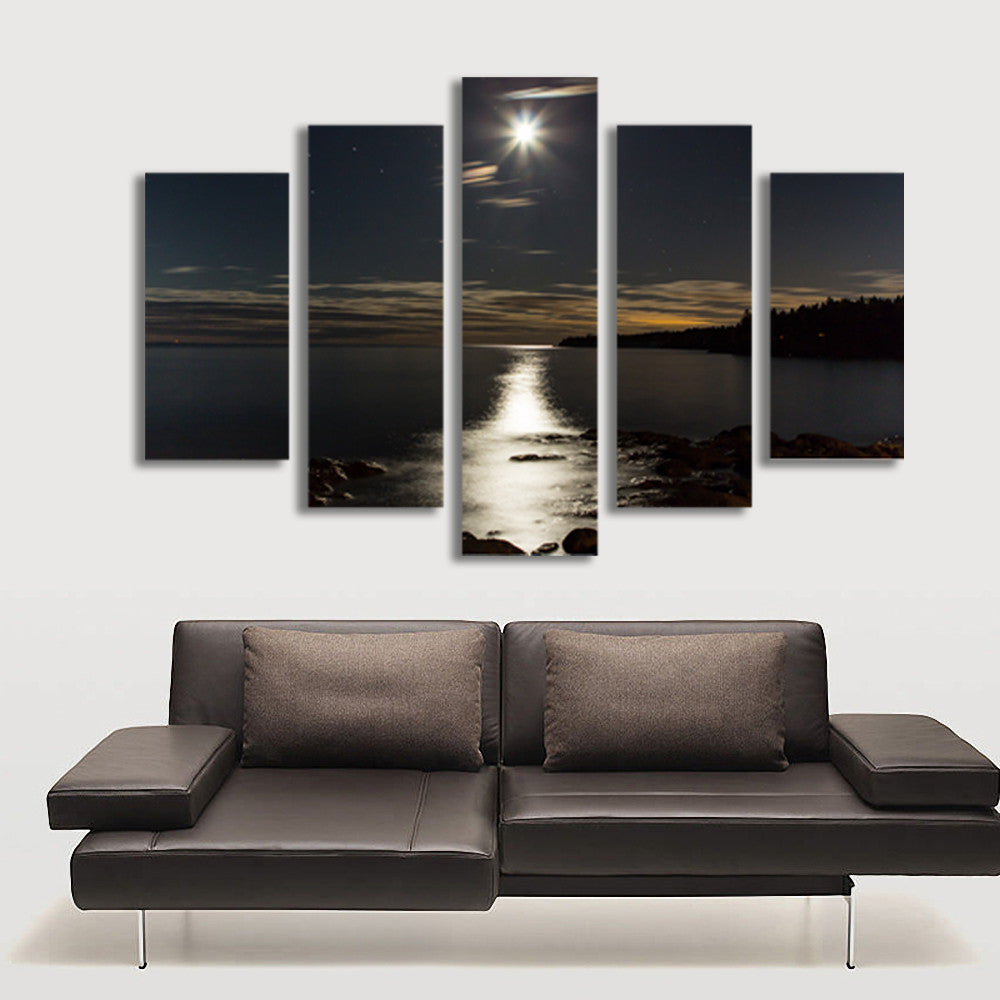 5 Panel Wall Art Moon Picture Night Sea Landscape Painting for Living Room Modern Home Decor Canvas Prints No Frame