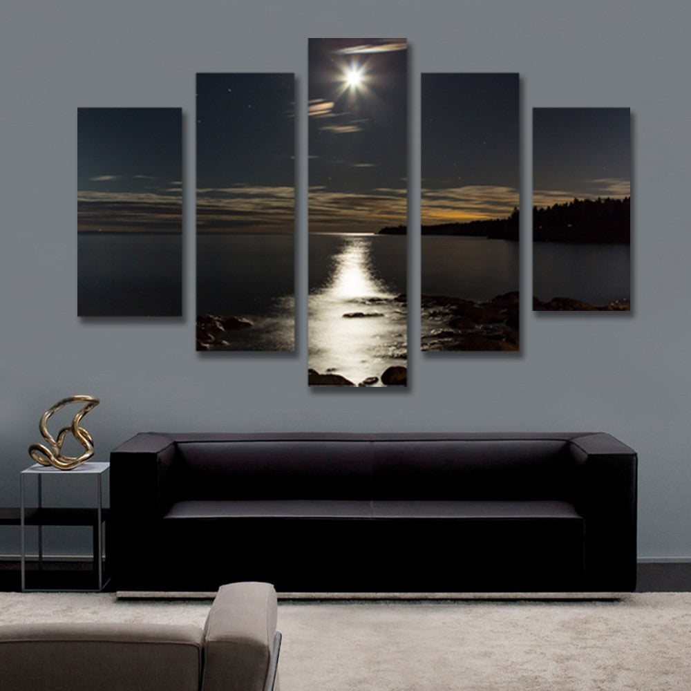 5 Panel Wall Art Moon Picture Night Sea Landscape Painting for Living Room Modern Home Decor Canvas Prints No Frame