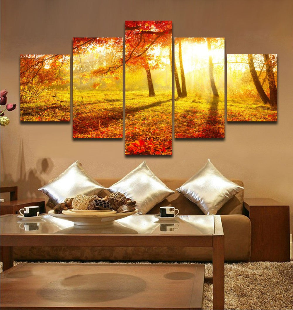 5 Panels Golden Sunrise Forest Landscape Painting Canvas Printing Modern Wall Art Picture for Home Living Office Decor