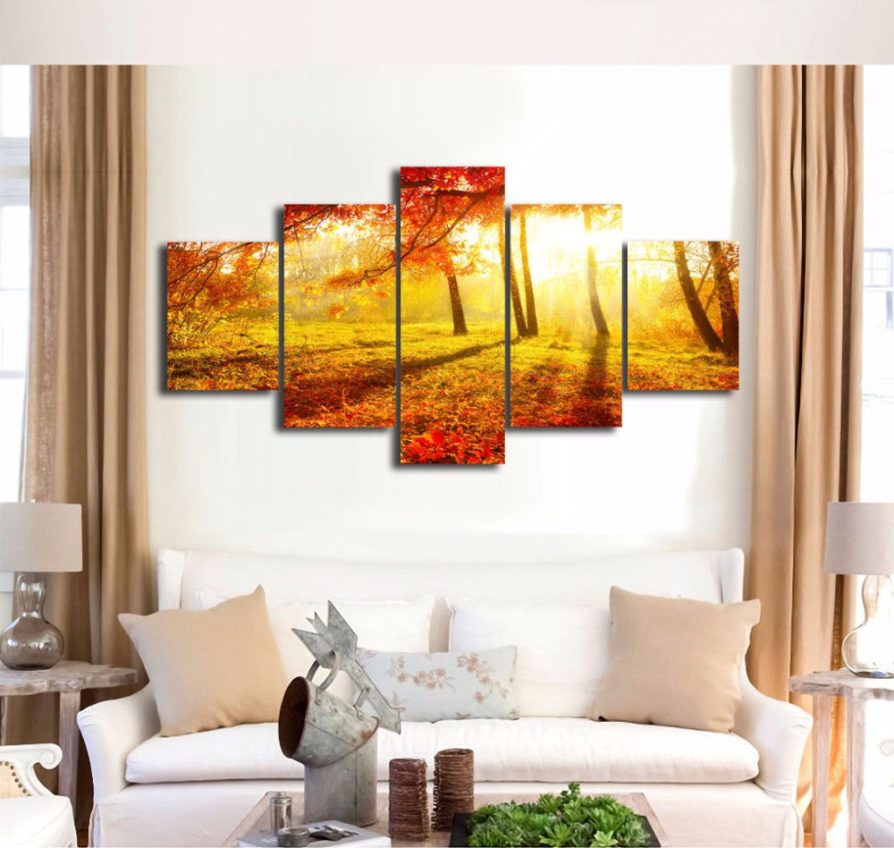 5 Panels Golden Sunrise Forest Landscape Painting Canvas Printing Modern Wall Art Picture for Home Living Office Decor