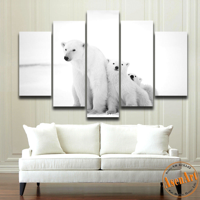 5 Piece Wall Art Polar Bear Painting Lovely Family Animal Painting Modern Home House Decoration Canvas Prints No Frame