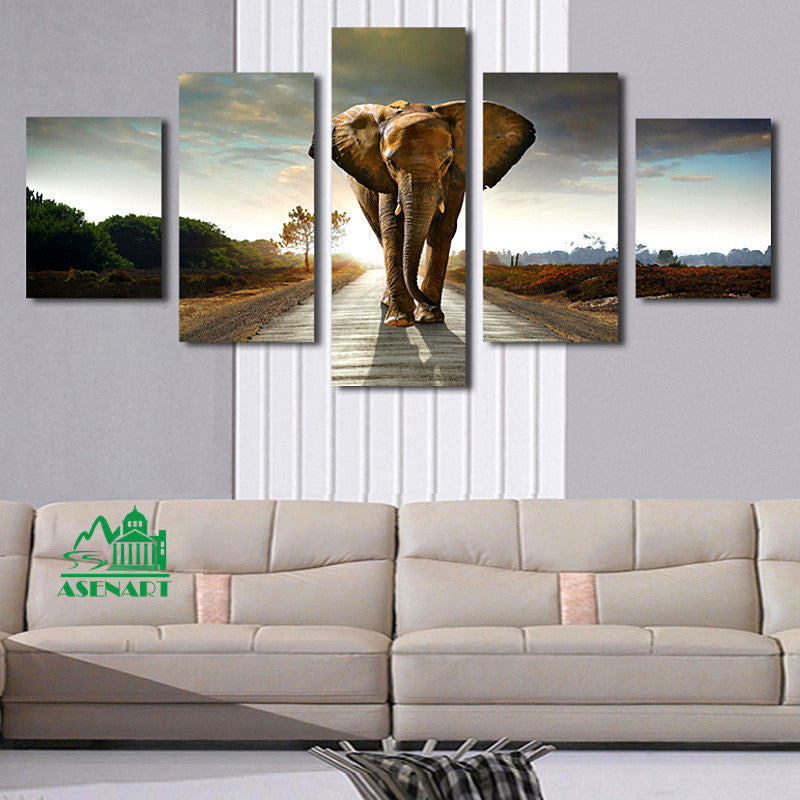 5 Panels Giant Elephant Painting Oil Canvas Print Unframed Wall Art Picture Home Living Room Wall Decor Modern Canvas Artwork
