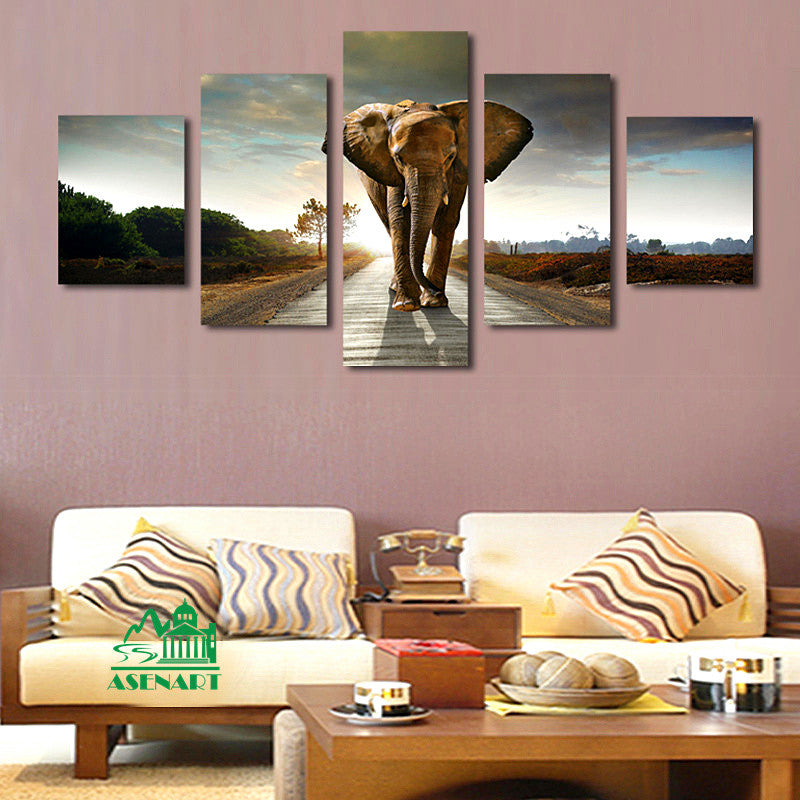 5 Panels Giant Elephant Painting Oil Canvas Print Unframed Wall Art Picture Home Living Room Wall Decor Modern Canvas Artwork