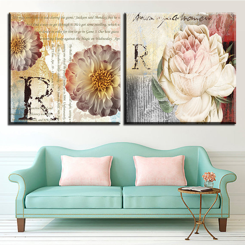 Large size 2pcs Print Oil Painting Wall letters flower painting  Decorative Wall Art Picture For Living Room paintng No Frame