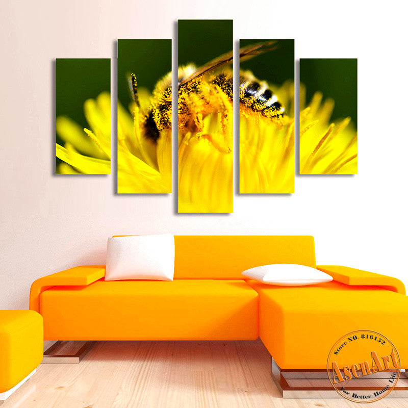 5 Panel Wall Art Canvas Prints Honey Bee Pictures Animal Painting Yellow Flower Pictures for Bedroom Modern Home Decor No Frame