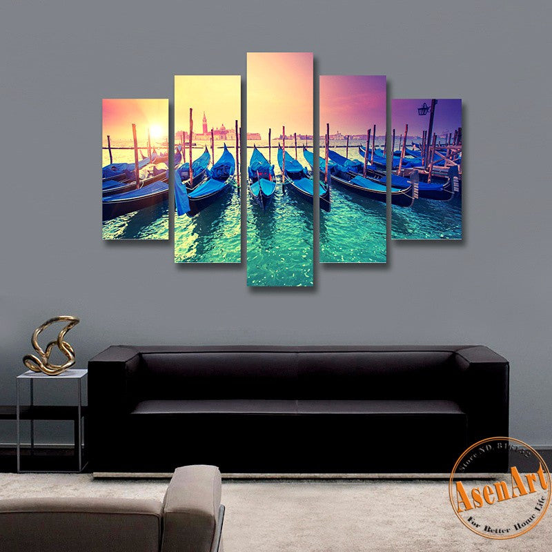 5 Piece Wall Art Yacht Harbor Boat Painting Canvas Prints Artwork Modern Home Decor Picture for Living Room Unframed