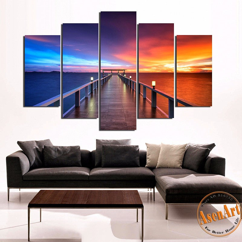 5 Pieces Modern Wall Art Canvas Printed Painting Walkway and Ocean Sunset Seascape Picture for Living Room Wall Decor Frameless