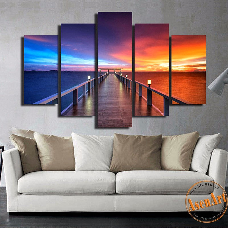 5 Pieces Modern Wall Art Canvas Printed Painting Walkway and Ocean Sunset Seascape Picture for Living Room Wall Decor Frameless