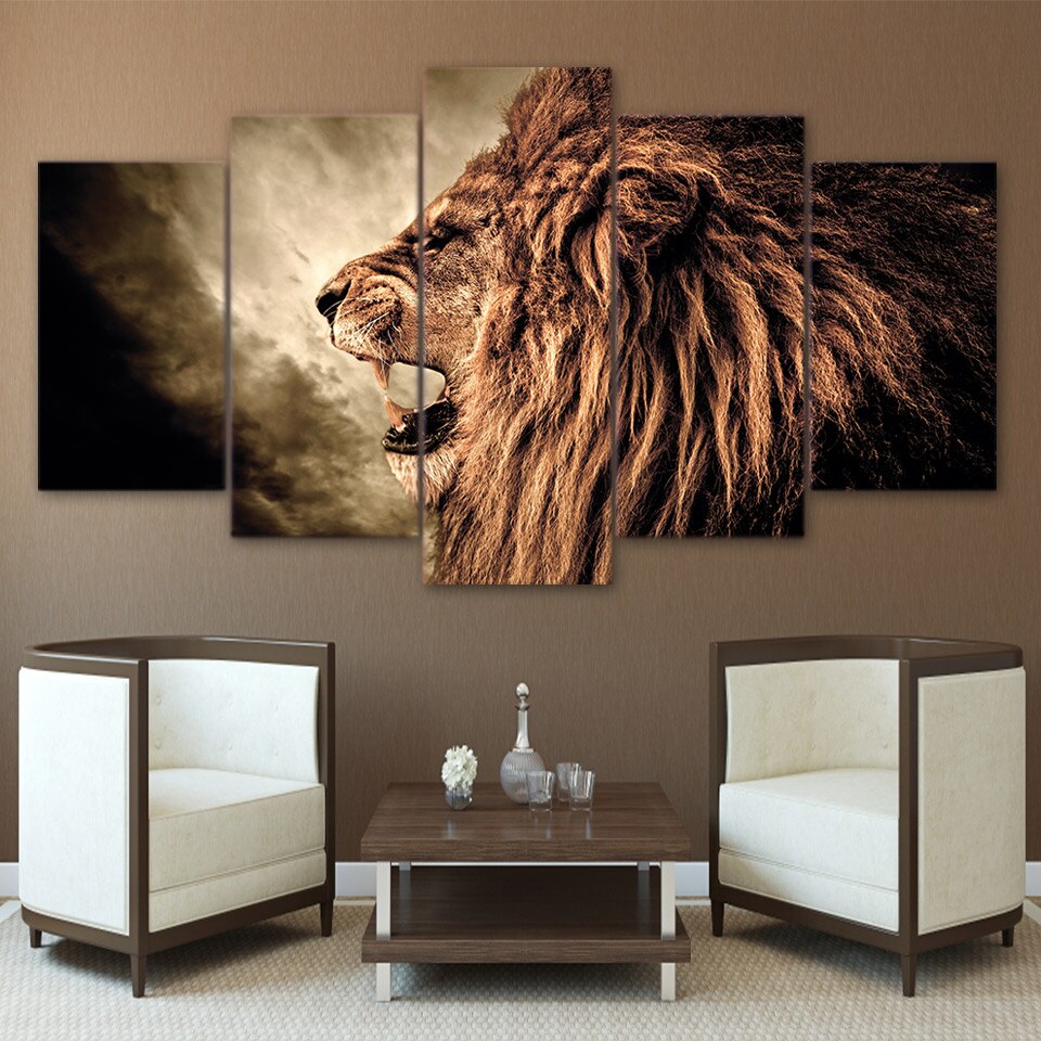 5 Panel Canvas Howling Lion Paintings Print
