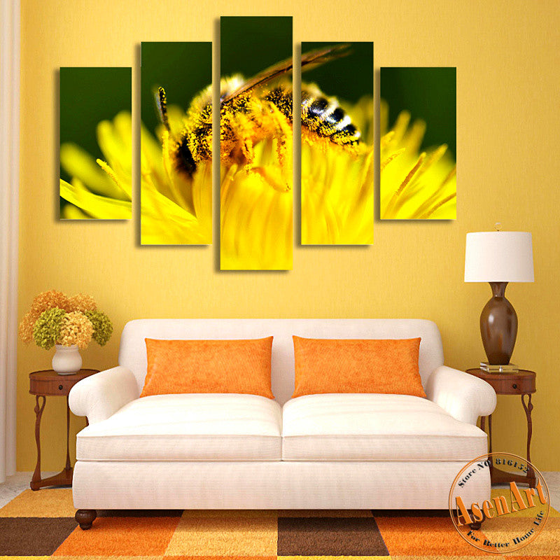 5 Panel Wall Art Canvas Prints Honey Bee Pictures Animal Painting Yellow Flower Pictures for Bedroom Modern Home Decor No Frame