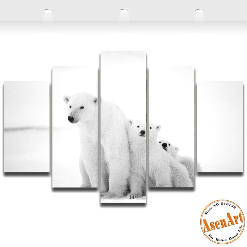 5 Piece Wall Art Polar Bear Painting Lovely Family Animal Painting Modern Home House Decoration Canvas Prints No Frame