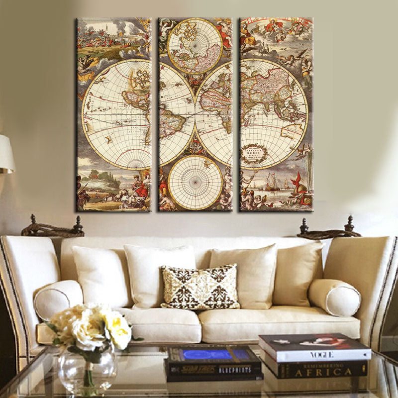 Unframed 3 Panel Vintage World Map Europe Painting Home Decor Wall Art Picture Canvas Printed Painting For Living Room Artwork