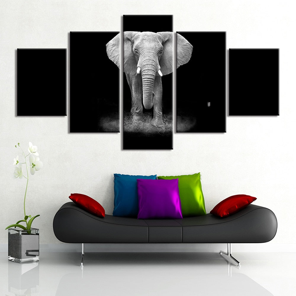 5 panel art Elephant Black Background