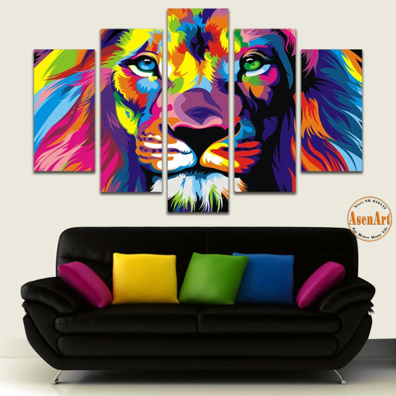 5 Panel Wall Art Canvas Prints Animal Colorful Lion Painting Canvas Wall Pictures for Living Room Modern Home Decor Unframed