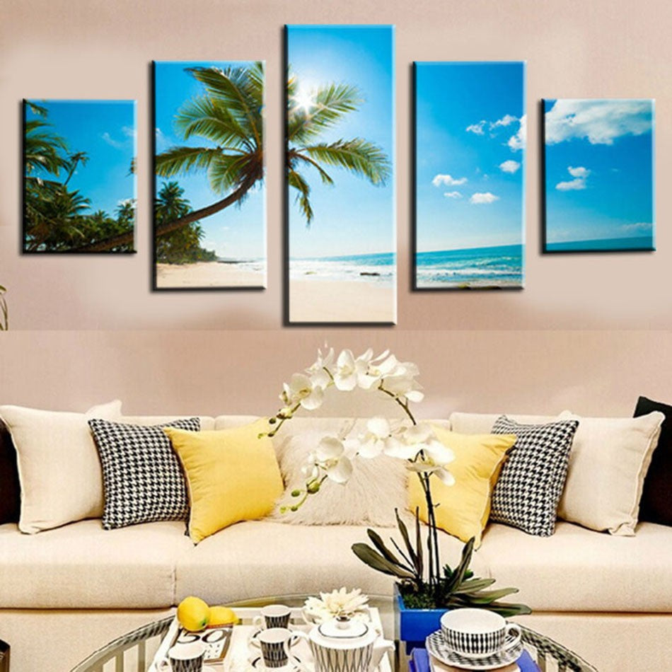 Unframed 5 Panel Blue Sky And Beach Print Home Art Picture Painting On Canvas Modern Home Decor For Living Room Artwork