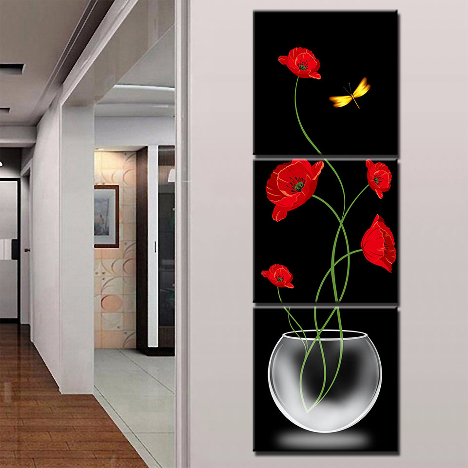 3 pieces abstract Black and red Flower blossom Square Canvas Painting Print On Canvas Wall Art modular pictures living room