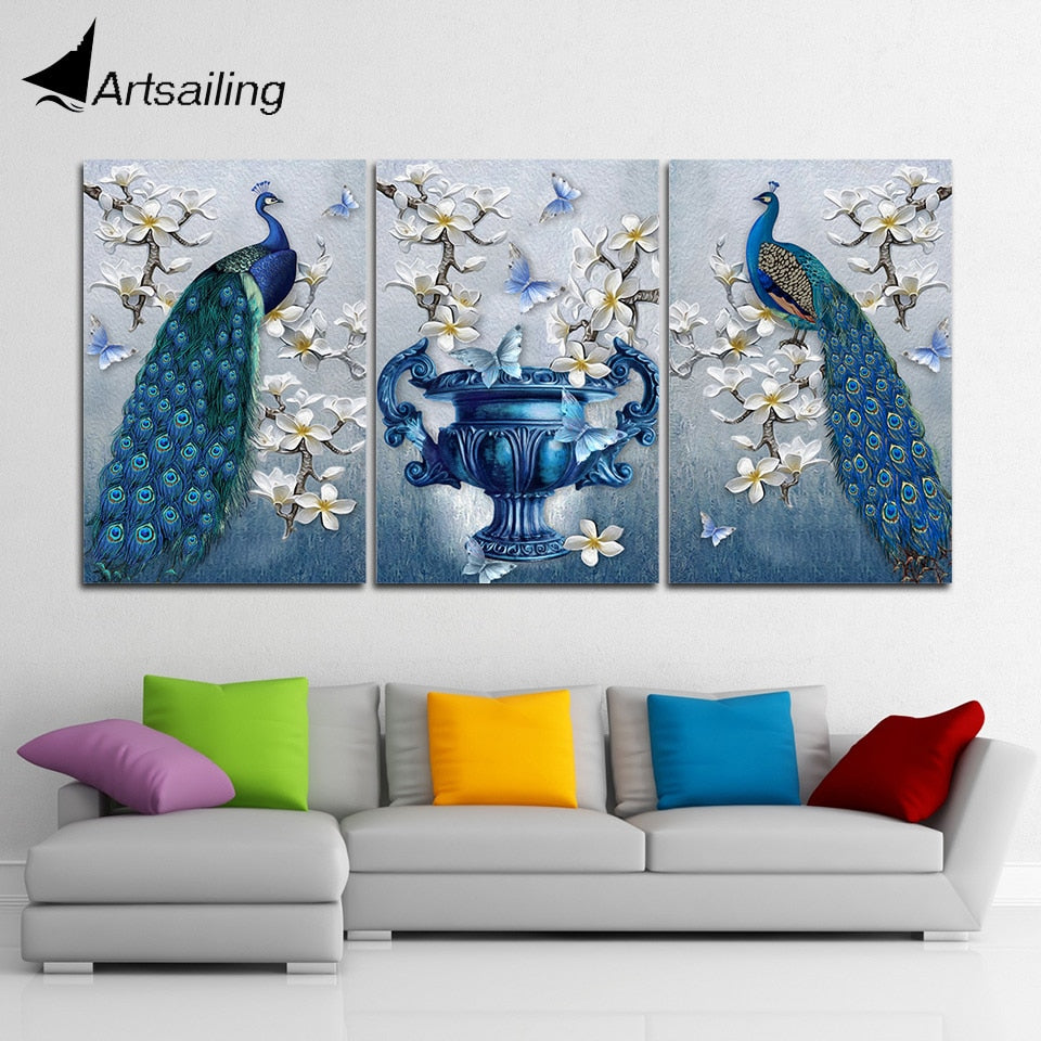 3 panels peacock painting canvas HD print beautiful peacock wall art  painting on canvas