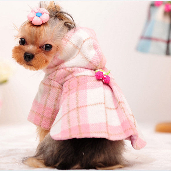 2016 Winter Dog Clothes Luxury Wool Plaid Dog Coat Pet Clothes Pink Warm Dog Jacket Small Medium Autumn Dog Clothing Free Ship
