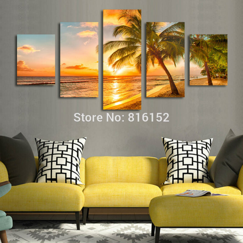 5 Piece Sunset Seascape Coconut Tree Beach Picture Oil Canvas Print Unframed Mural Art Painting for Home Living Wall Decor