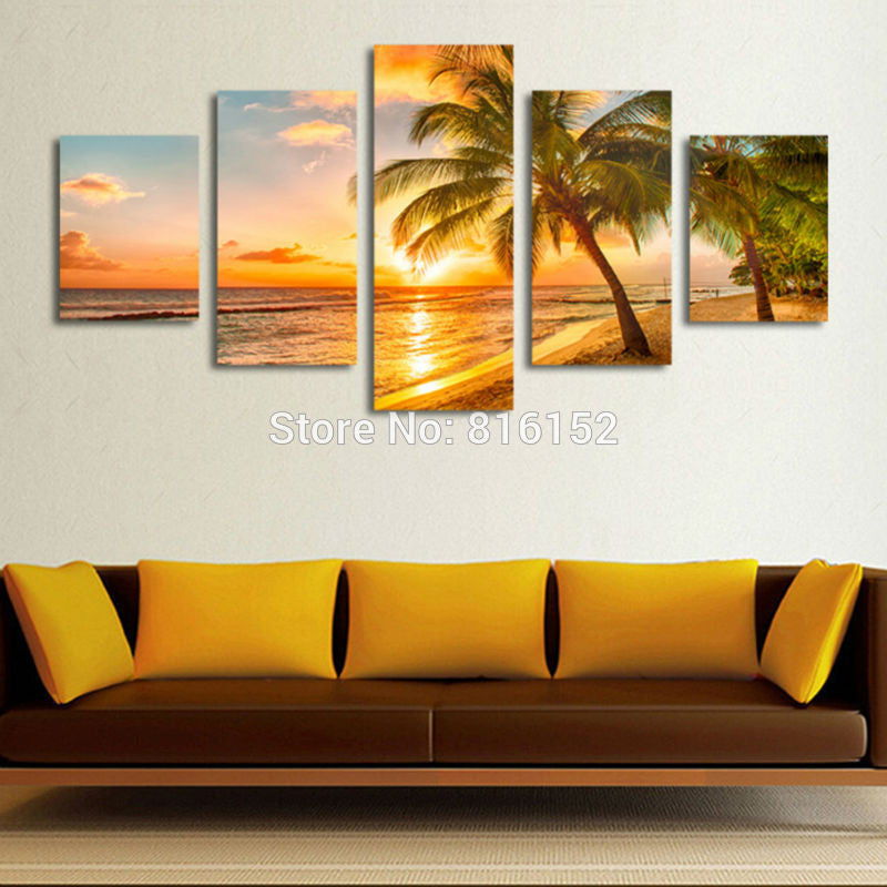 5 Piece Sunset Seascape Coconut Tree Beach Picture Oil Canvas Print Unframed Mural Art Painting for Home Living Wall Decor