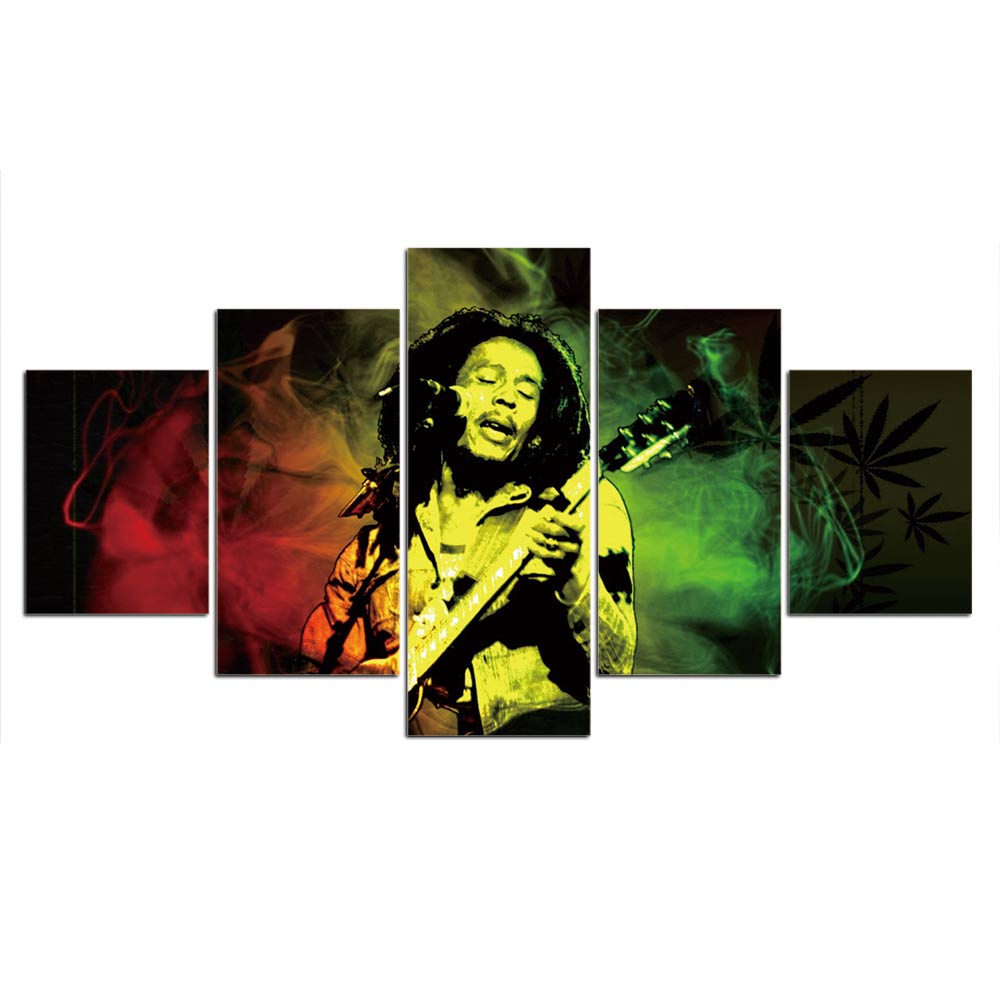 Grooving Bob Marley Canvas Painting HD Prints Posters Home Decor Wall Art 5 Panels Pop Singer Portrait Pictures For Living Room