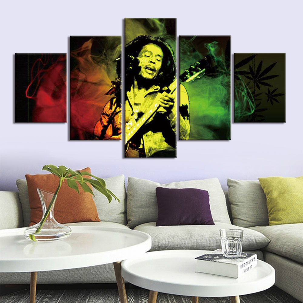 Grooving Bob Marley Canvas Painting HD Prints Posters Home Decor Wall Art 5 Panels Pop Singer Portrait Pictures For Living Room