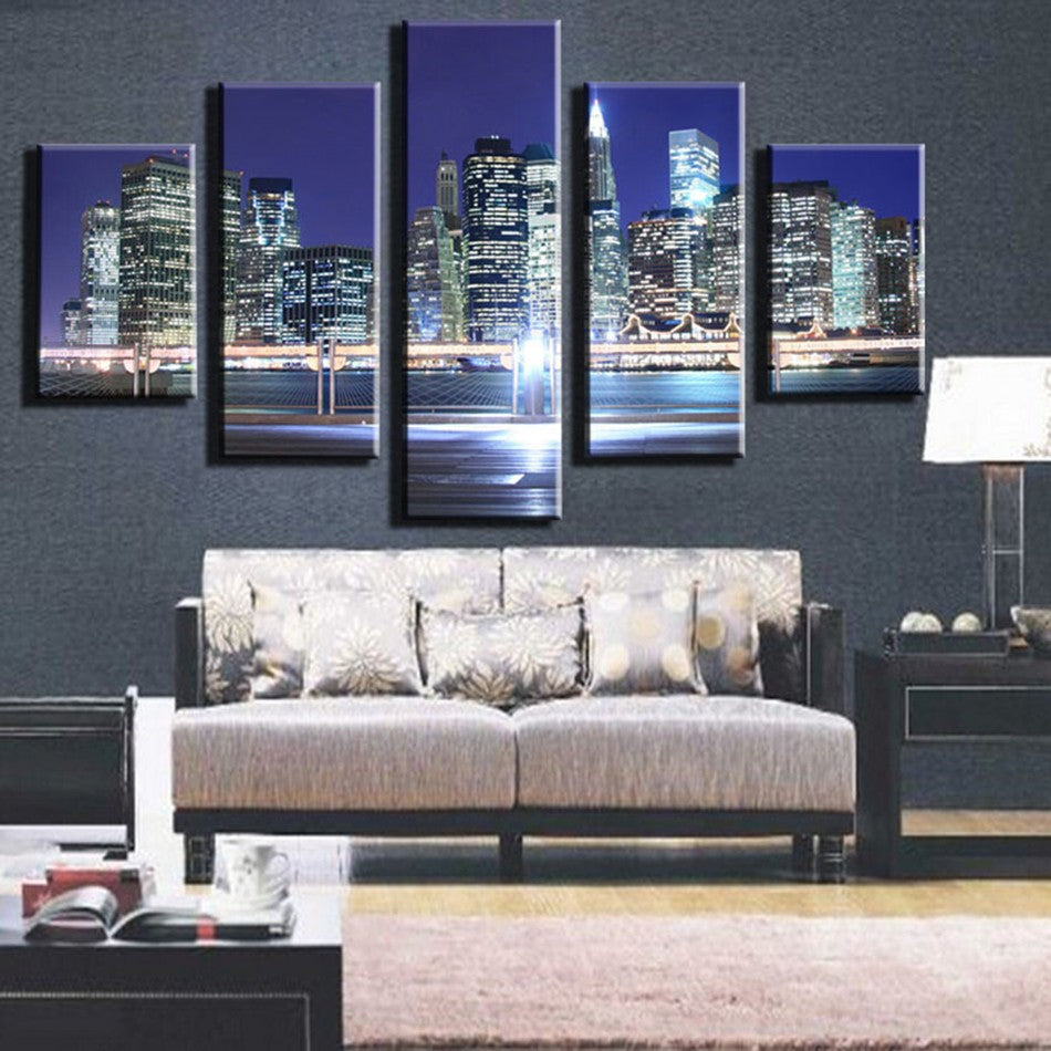 Unframed 5 Pieces Huge HD Print Art Picture City Night Building Painting On Canvas Unique Gift For Living Room Decoration